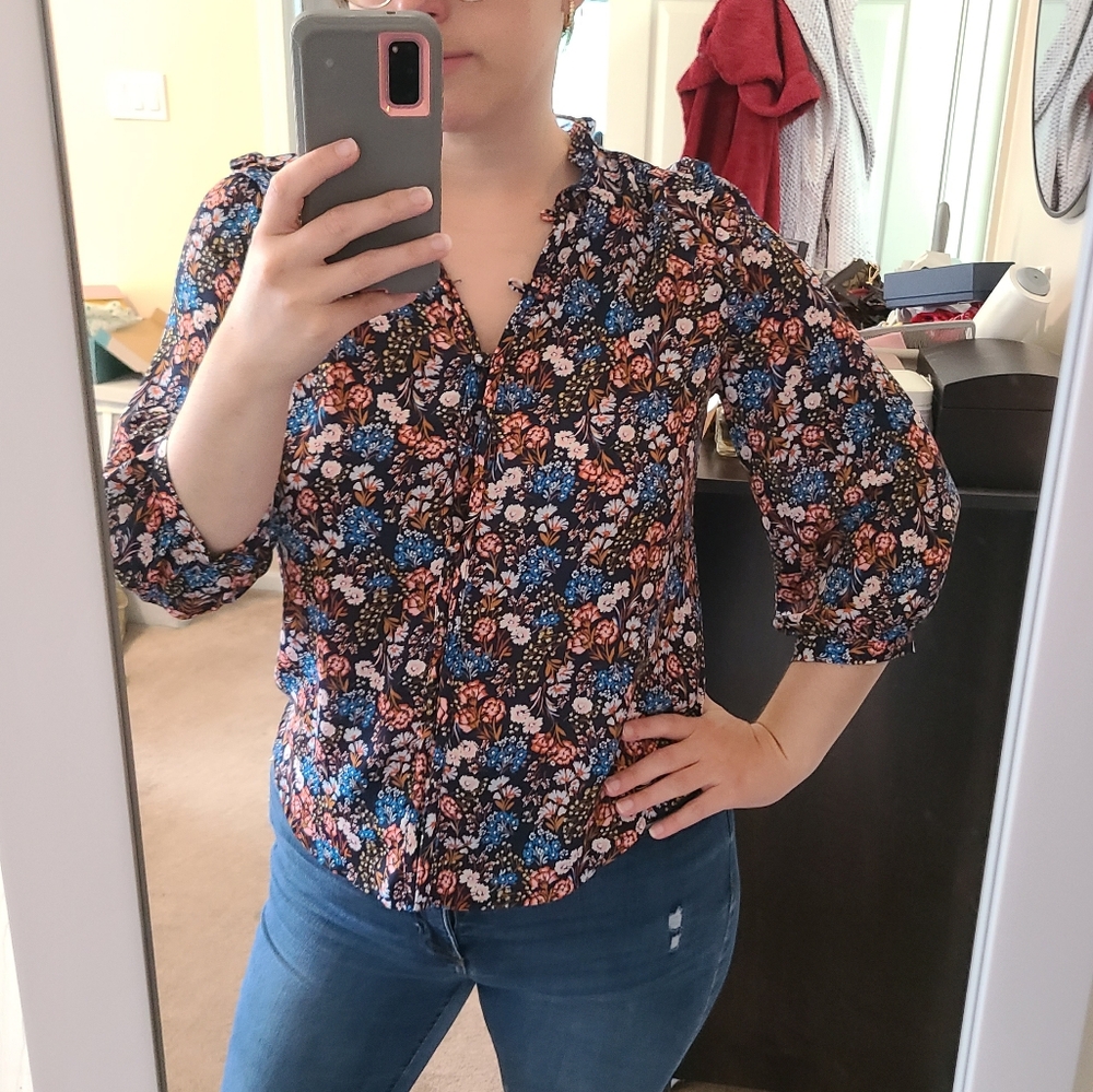 LC Lauren Conrad 3/4 Sleeve Floral Blouse with Ruffles